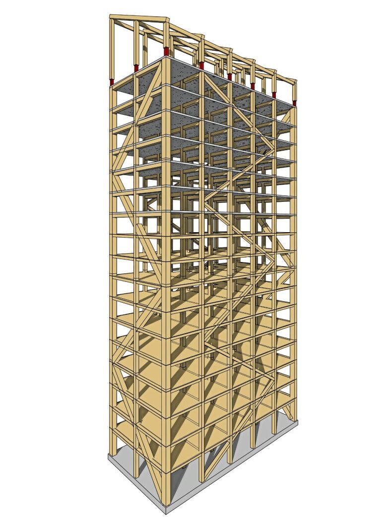 Mjöstornet kommer bestå av limträ i pelare, bjälkar och diagonaler samt massivt trä i hiss- och trappschakt. De nedersta tio våningarna får dessutom stabiliseringselement i en kombination av limträ och kerto.
