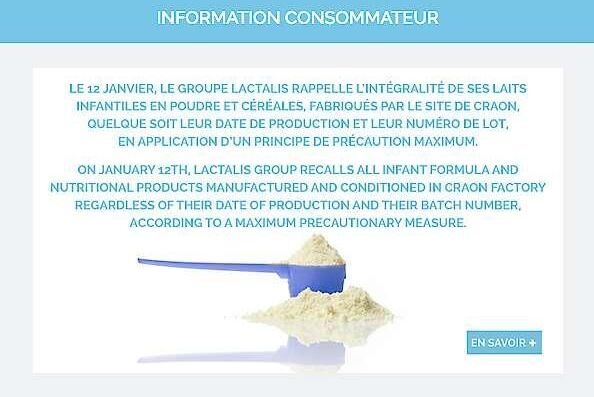 Den som går in på Lactalis sajt möts av meddelandet om återkallandet av all modersmjölksersättning och alla andra produkter tillverkade vid fabriken i Craon, som Lactalis förvärvade 2006.