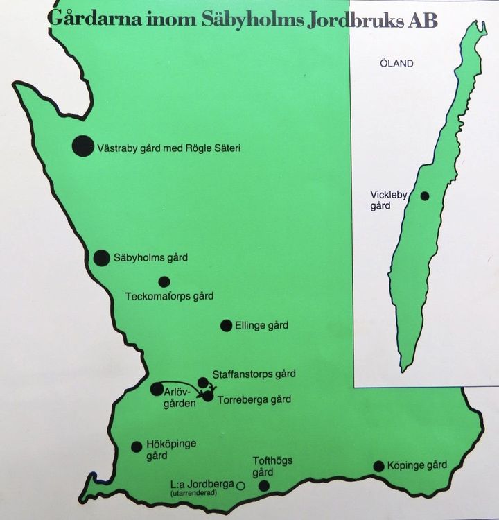Karta över gårdarna inom Säbyholms Jordbruks AB