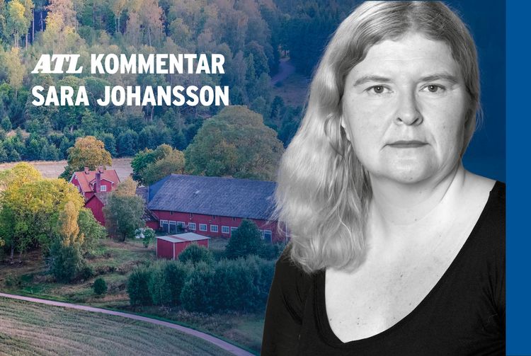 Bild på skribenten inlagd över bakgrundsbild på en gård och texten ATL KOMMENTAR SARA JOHANSSON