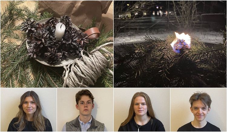 Ellen Karlsson, Alwin Knutsson, Linda Halvdansson och Johan Aretorn och bilder på kottar.