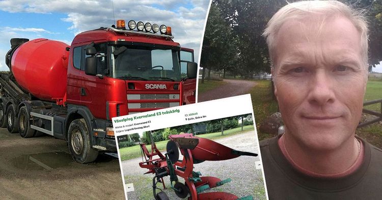 Bildkollage på cementbil, Johan Andersson och en annons på en plog på sajten Klaravik.